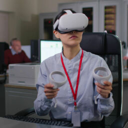 Young woman in formal wear use vr headset and joysticks in modern office. Industrial designer or engineer work in augmented goggles