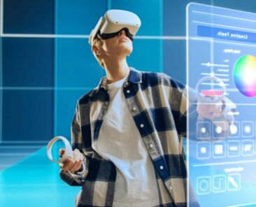 Creative Female Wearing Virtual Reality Headset at Home. She Enters an Empty Digital Internet Studio Space for Visual Artists. Immersive Social Media Software for Creating Art, Making New Projects.