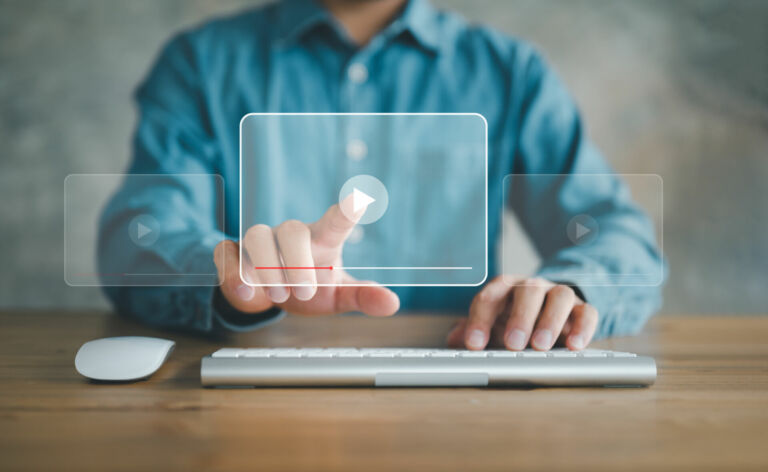 man using mouse and keyboard for streaming online, watching video on internet, live concert, show or tutorial