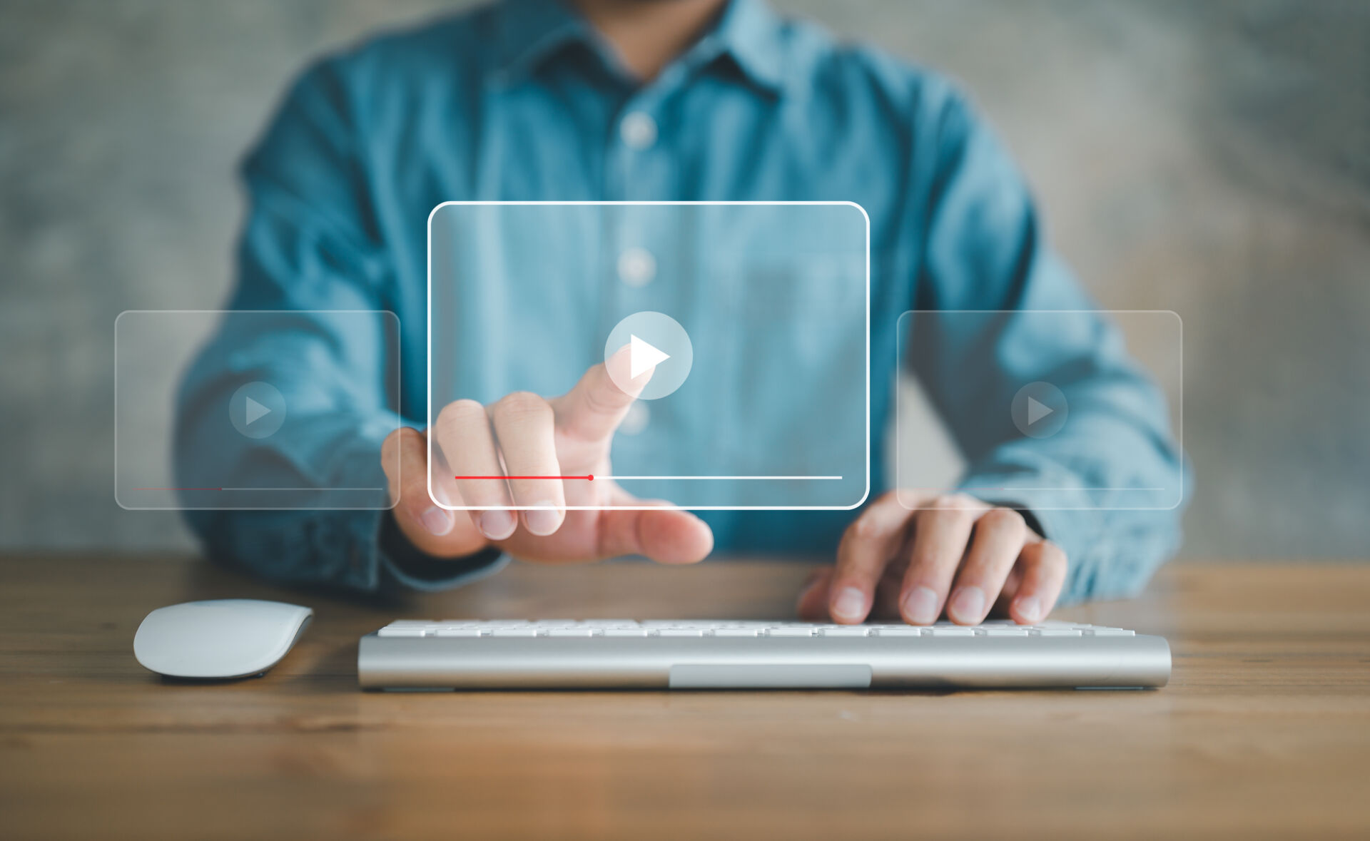 man using mouse and keyboard for streaming online, watching video on internet, live concert, show or tutorial