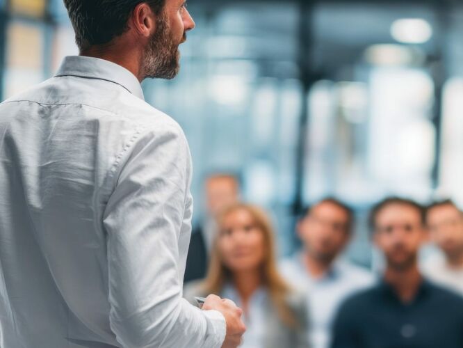 a man stands in front of a group of employees giving a presentat