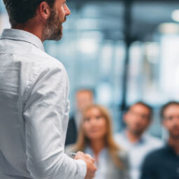 a man stands in front of a group of employees giving a presentat