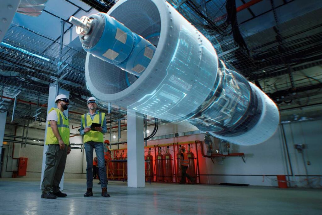 Two employees using AR learning software