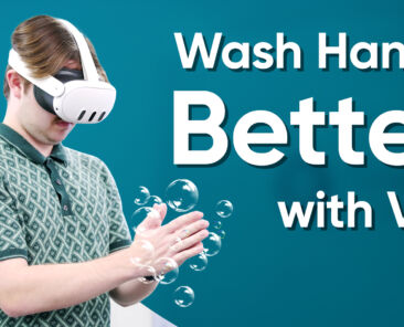 An employee uses a VR headset without controllers to practice proper handwashing technique, with translucent guide hands demonstrating correct finger interlacing and scrubbing motions in a virtual training environment.