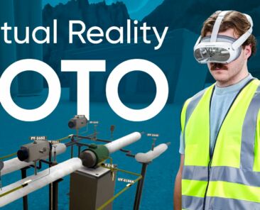 An industrial worker uses a VR headset to practice lockout/tagout procedures in a simulated field environment, with virtual energy isolation equipment visible in the simulation.