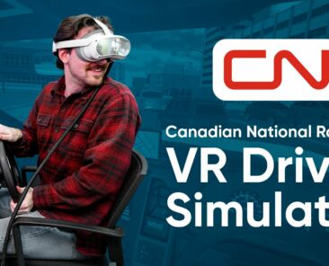 A training participant uses a VR headset with a physical steering wheel and pedals to practice vehicle maneuvering in a simulated rail yard environment with variable weather conditions.