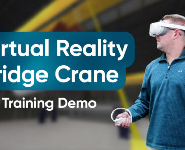 An industrial operator uses a VR headset to practice bridge crane operation in a simulated manufacturing facility, maneuvering heavy rolls and responding to real-time safety scenarios.