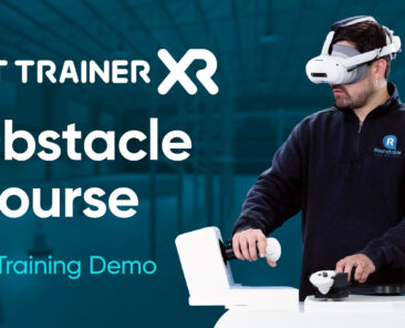 A warehouse operator uses a VR headset with a physical tiller rig to practice stand-up forklift maneuvers in a simulated distribution center environment.