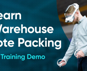 A distribution center employee uses a VR headset to practice the decanting process in a fully interactive virtual warehouse environment, manipulating products, scanning barcodes, and loading totes.
