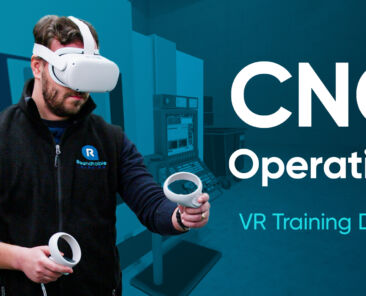 A manufacturing trainee uses a VR headset to practice operating a multi-axis CNC machine in a simulated aerospace production environment, learning machine controls without risk to equipment.