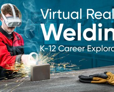 A middle school student uses a VR headset to experience a virtual welding simulation in a gamified classroom learning environment.