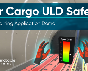 A learner wearing a VR headset and ankle-worn PICO motion trackers practices moving a unit load device (ULD) inside a virtual 1:1 aircraft cargo hold, with the safe walking area marked on the floor.