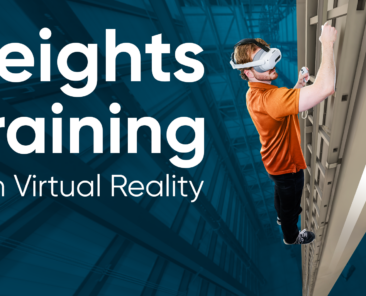 A job candidate in a safety harness and VR headset climbs a virtual ladder toward equipment 90 feet up inside an automated warehouse, while standing on the ground in a training room.