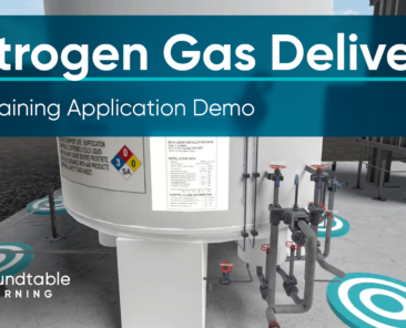 A new delivery driver wearing a VR headset inspects a virtual customer gas storage tank for safety hazards like ice buildup and leaks before connecting a delivery hose.